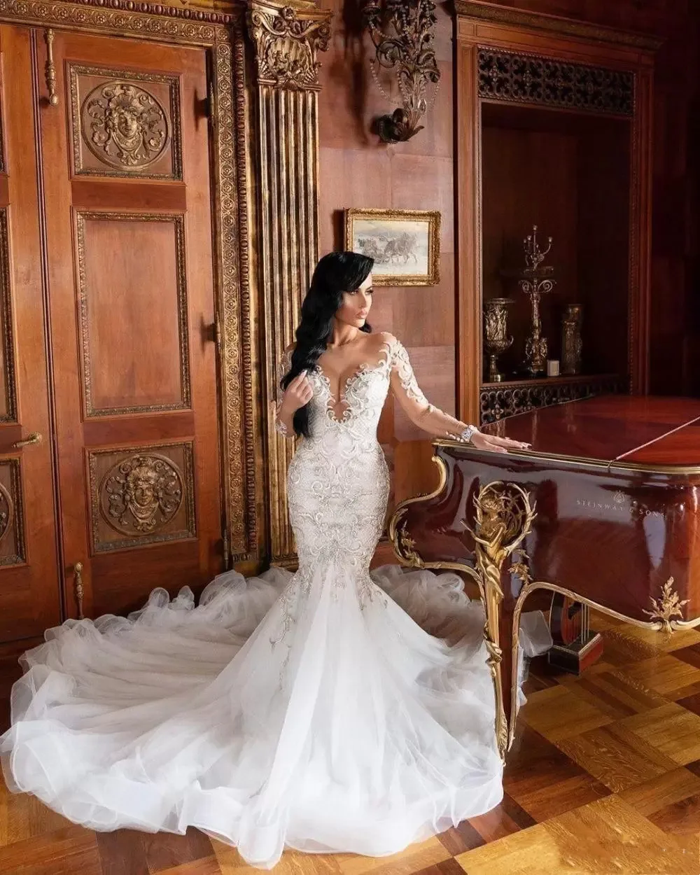

Mermaid Wedding Dress Luxury V Neck Long Sleeves Appliques Sequins Long Train Bridal Gowns Floor Length Vestido De Novia