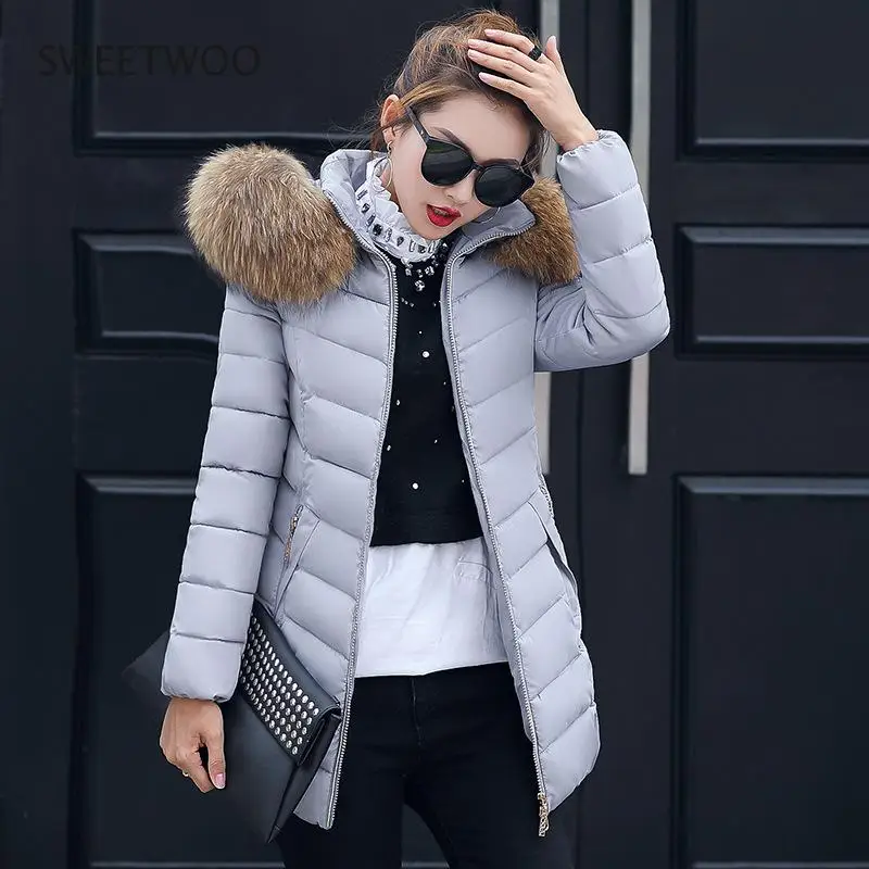 Long Slim Women Parkas Stylish Overcoat Down Jacket Female 2021 Detachable Fur Collar Winter Fashion Coat with Zipper Pockets