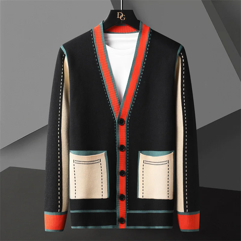 

High Quality Contrasting Colors Line Decoration Knitting Cardigan Man Long Sleeve Slim Fit Sweater Cardigan Male Garment Coat