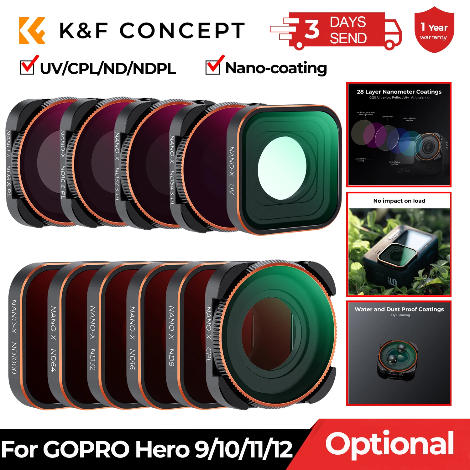 Фото K & F Concept фильтры для экшн-камеры фотосессия/10/11/12 UV CPL ND/PL ND8 ND16 ND32 ND64 ND1000 набор водонепроницаемых фотофильтров №1
