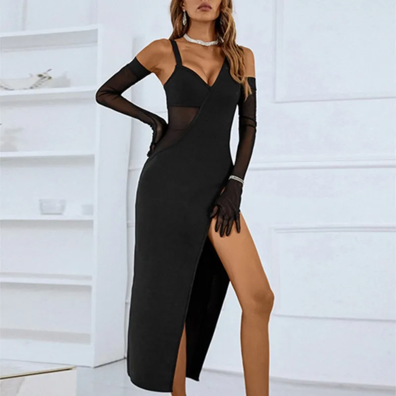 

2022 Summer Bandage Tank Mesh V Neck With Gloves Hollow Out Midi Dress Sexy Black New Wear Wedding Party Vestidos