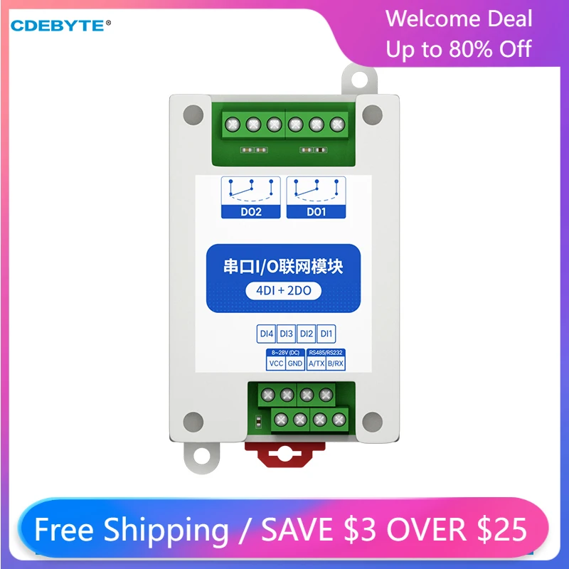 

CDEBYTE Modbus RTU Control I/O Network Modules Serial Port RS485 Interface 4DI+2DO MA01-AXCX4020 Rail Installation 8~28VDC IoT