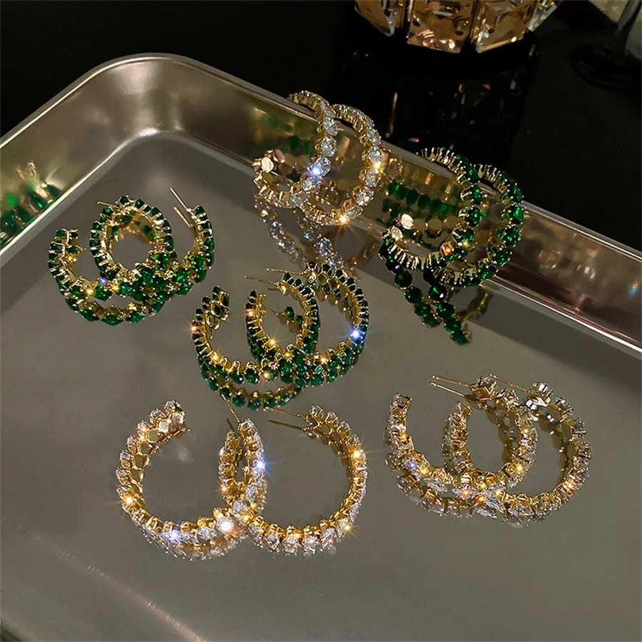 

Luxury High Quality Inlay CZ Hoop Earrings Round Green Zircon Crystal Earring for Women Engagement bride Party Statement Jewelry