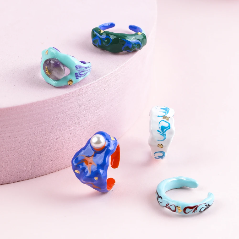 

2022 New Female Pearl Gold Foil Dripping Oil Personality Design Sense Of INS Fashion Adjustable Index Finger Ring