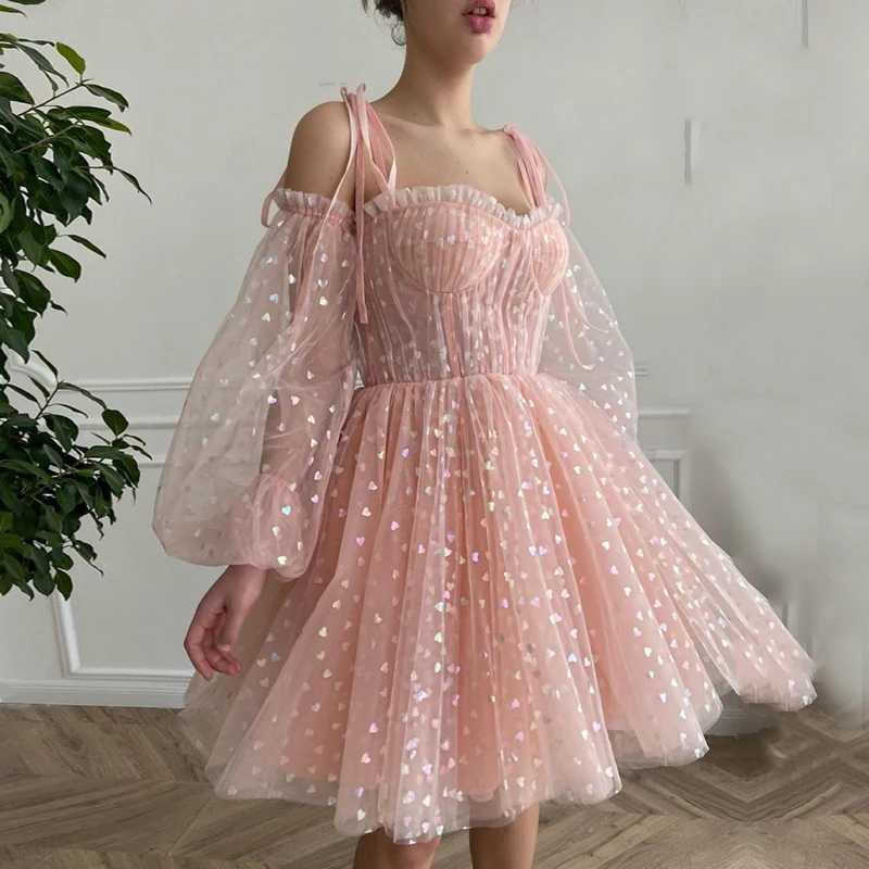 

Eightale Pink Prom Dresses with Printed Hearts Spaghetti Strap Long Puffy Sleeves Mini Party Celebrity dress for Graduation