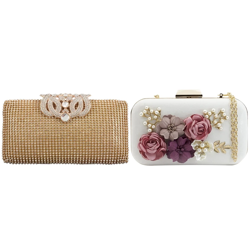 

1Pcs Flower Leather Envelope Pearl Wallet Evening Handbag(White) & 1Pcs Dazzling Rhinestone Encrusted Evening Bag Clutch Purse P