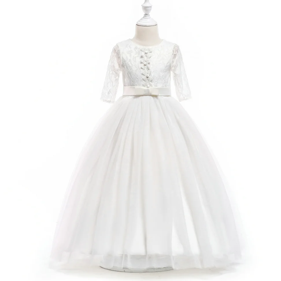 

Ivory Half Sleeves Lace Appliques Beads Bow Tulle Flower Girls Dresses Fashion Pageant Dresses Communion Dresses For Girls