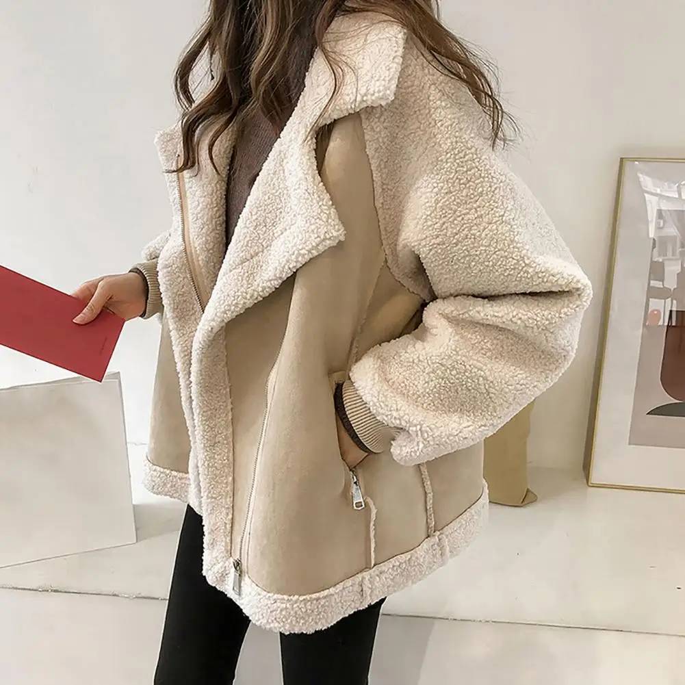 

Chic Women Coat Turn-down Collar Motorcycle Coat Long Sleeves Patchwork Motorcycle Coat Thermal