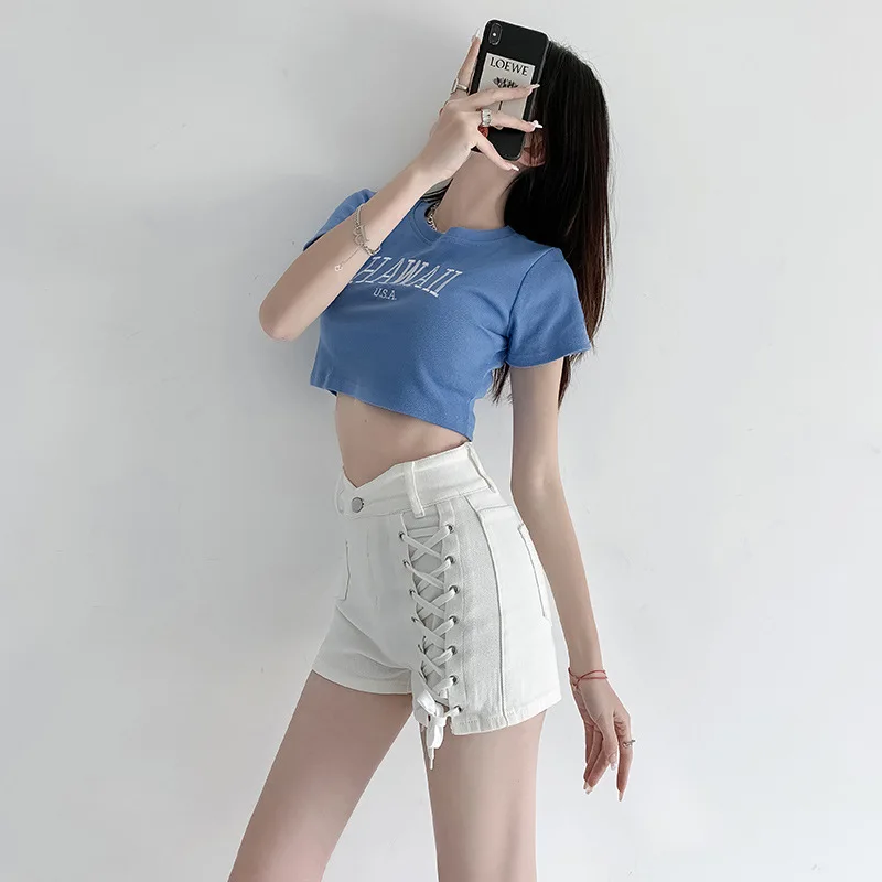 Sexy Ultra-high Waist Spice Girl Lace-up Design Sense Denim Shorts Women 2023 Summer New Slimming Exterior Wear A-line Shorts