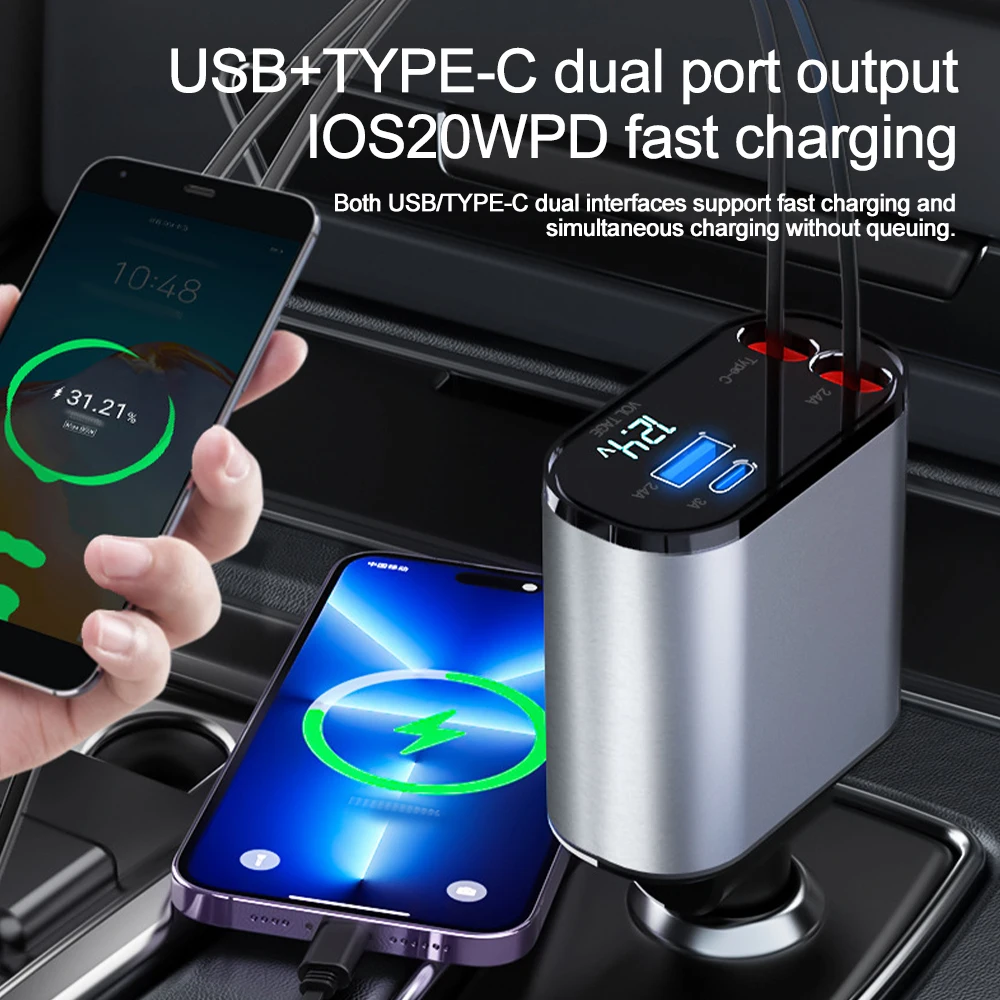 Быстрое зарядное устройство PD + USB 100 Вт с 2 выдвижными кабелями Тип C быстрое