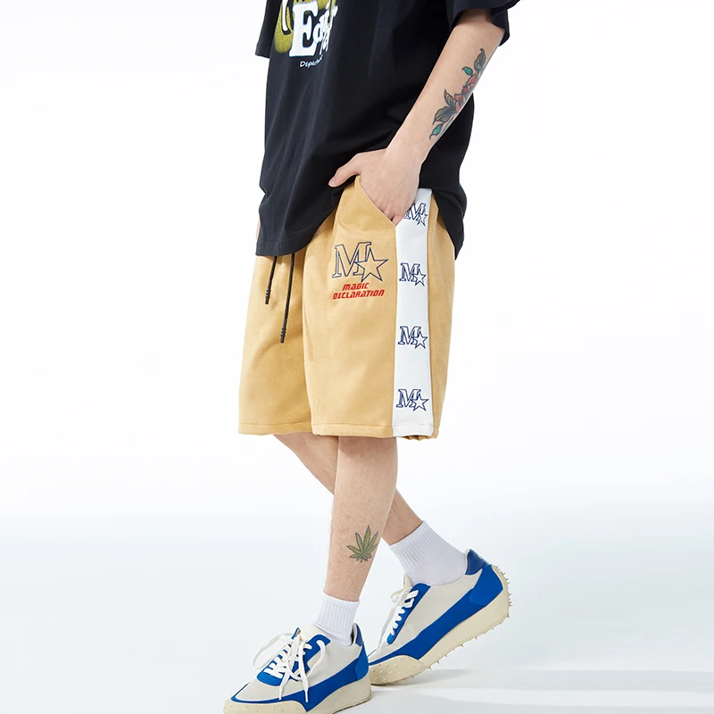 

Side Striped Stars Letter Embroidery Suede Shorts Mens Drawstring Patchwork Straight Oversize Casual Knee Length Pants