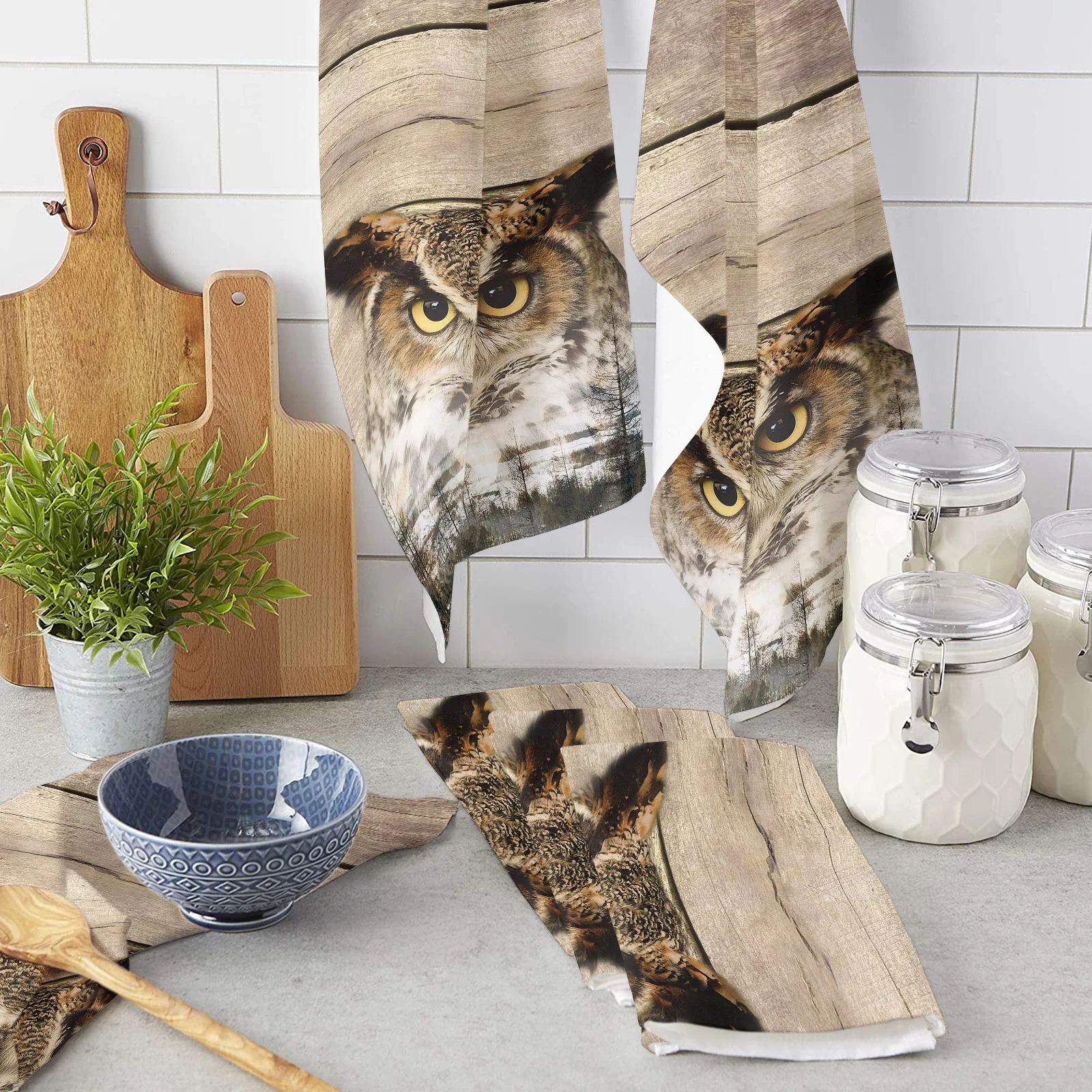 

Antique Wood Owl Forest Microfiber Kitchen Hand Towel Dish Cloth Tableware Household Cleaning Towel Utensils for Kitchen