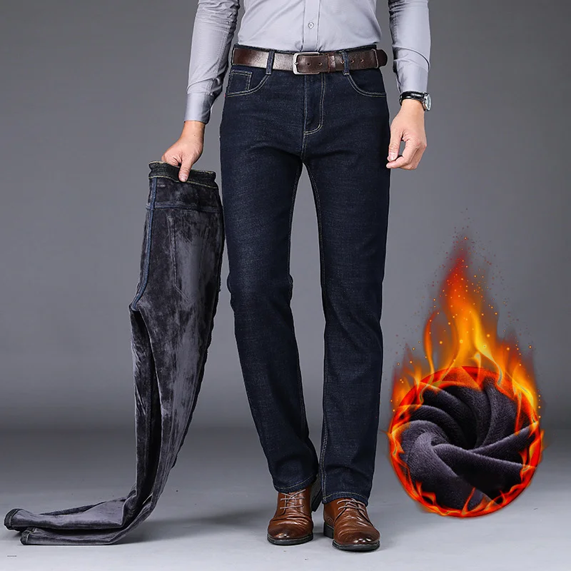 Didiboer Winter New Men Warm Slim Fit Jeans Business Fashion Thicken Denim Trousers Fleece Stretch Pants Black Blue Men Clothing