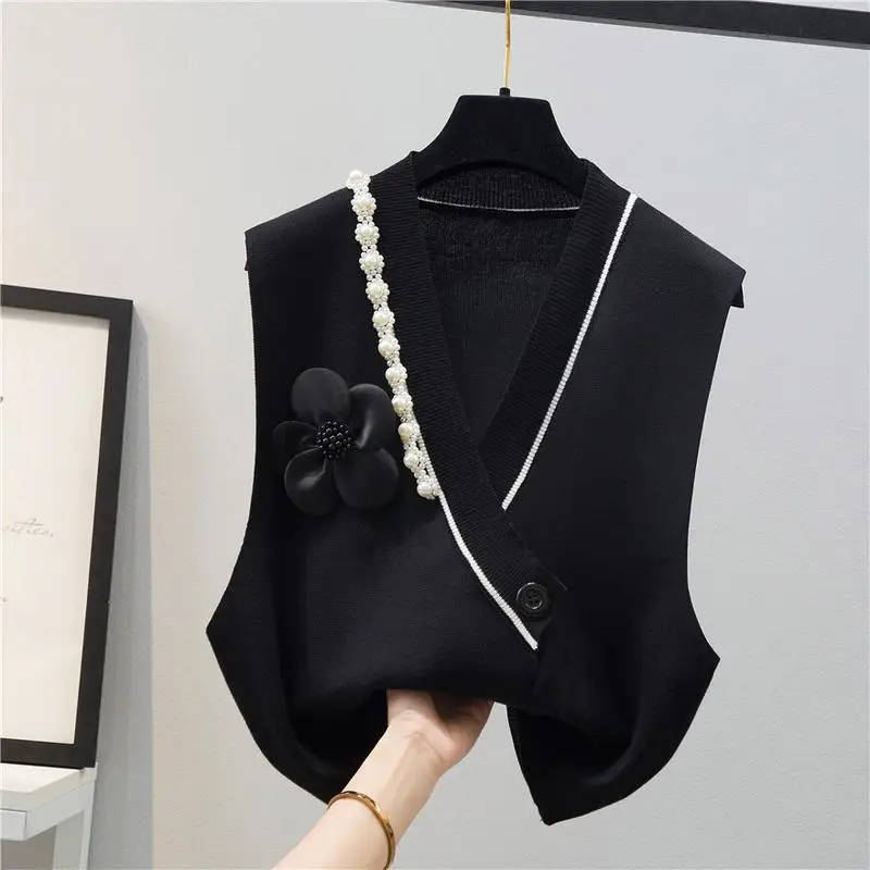 

Fashion Design Flower Beaded Slim Knitted Women Sweater Vest Autumn V-Neck Solid Loose Sweet Style Female Outwear Coats Tops
