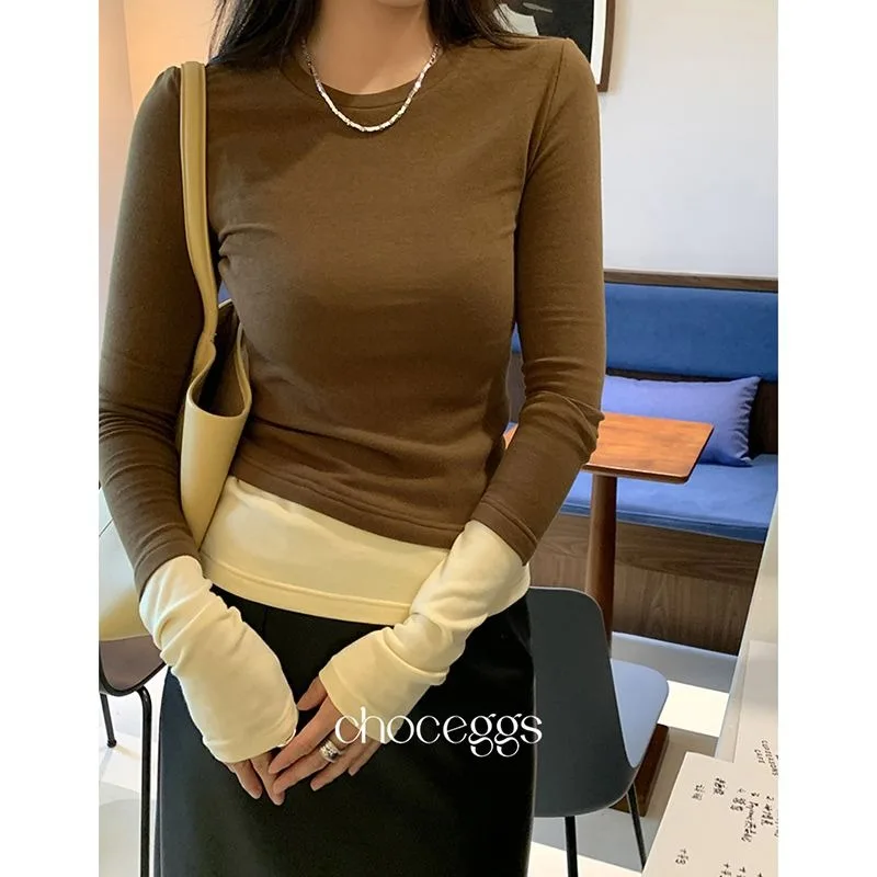 Свитер с длинными рукавами и имитацией двух частей милый женский облегающий