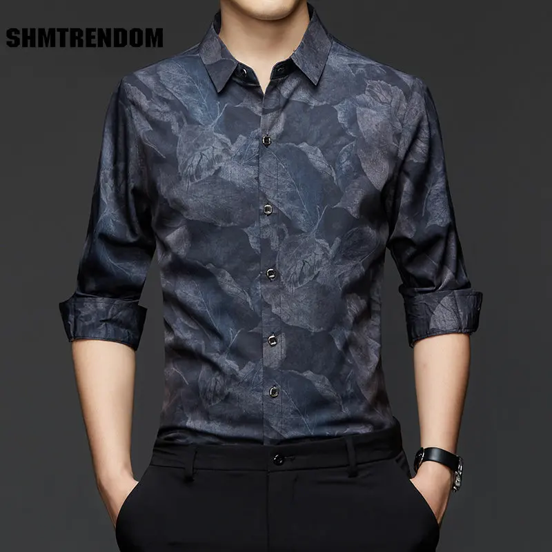 

New Brand Spring Full Sleeve Men Casual Shirts Vintage Fashion Print Camisa Masculina Korean Slim Fit Mens Clothing C899