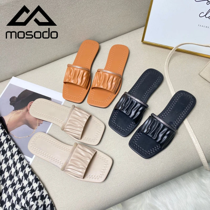 

Шлепанцы Mosodo женские на плоской подошве, летние уличные тапочки, модные плиссированные крутые тапочки, с квадратным носком, с плетеным ремн...