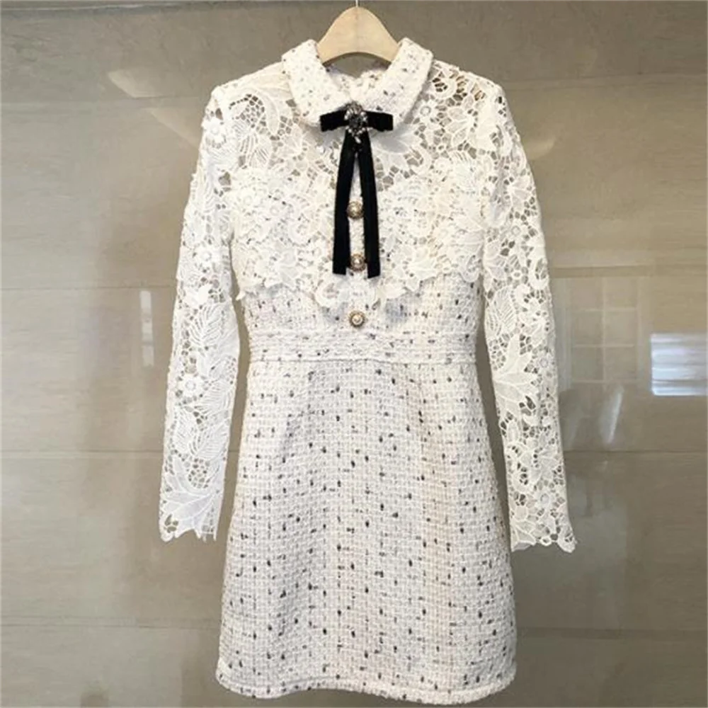

Fashion thin tweed dress women fashion stitching lace chain link single-breasted bow
