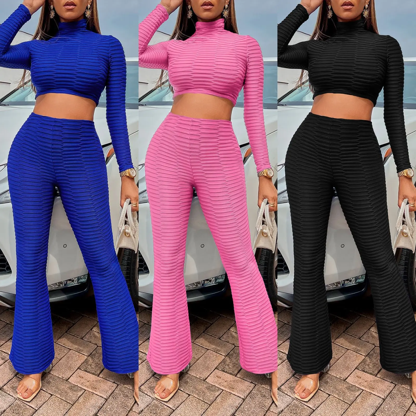 

2 piece set women crop top tshirt and flare pants outfits bodycon streetwear bell bottoms slim fit fashion tracksuit
