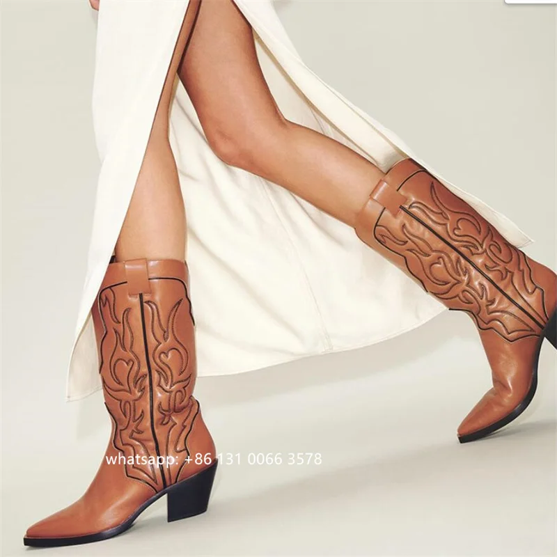 

Embroidery TOTEM Brown Leather Knee High Women Boots Slip On Low Heel WESTERN Boots Shoes Woman Large Size 34-43 Free Shipping