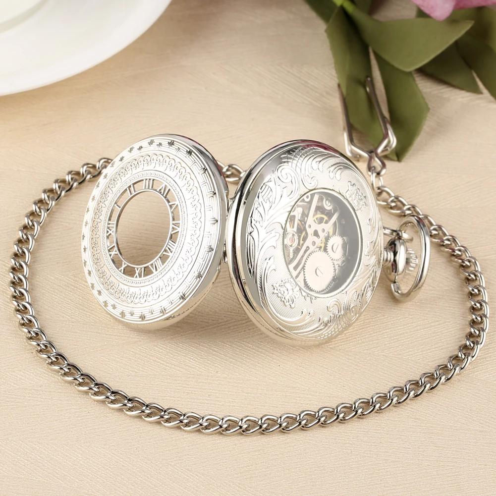 Elegant Vintage Silver Mechanical Pocket Watch Roman Numerals Dial Exquisite Hand Winding Pocket Timepiece Gifts Men Women
