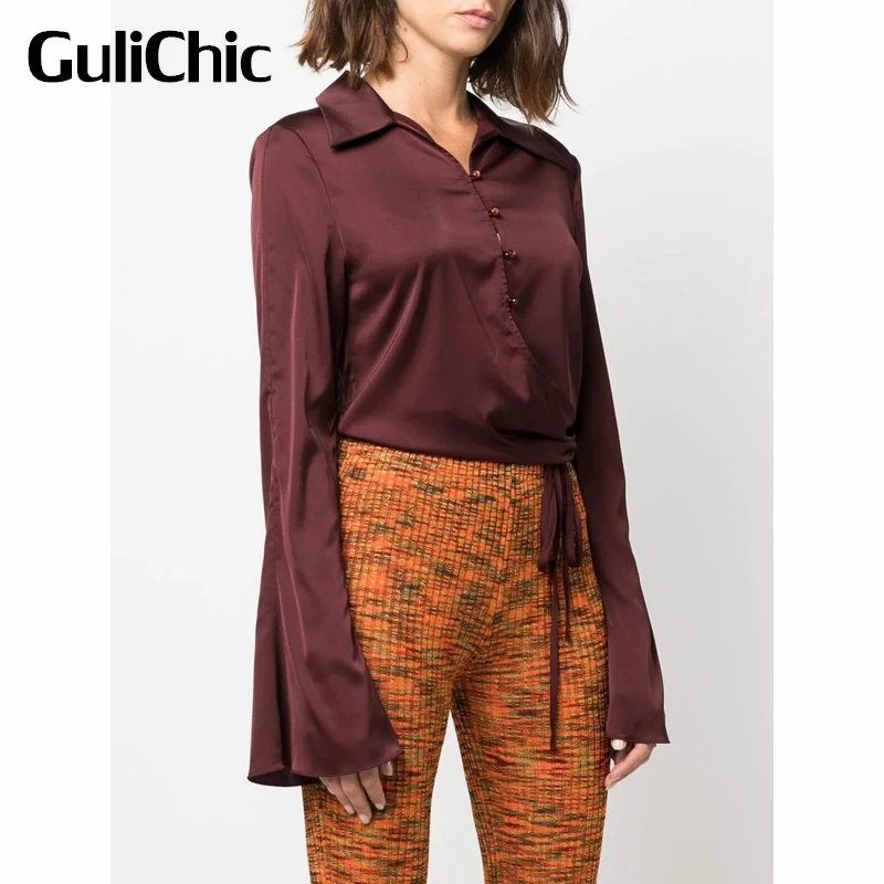 9.3 GuliChic Women Elegant Single Breasted Irregular Self-Tie Wrap-Across Hem Slim Short Flared Sleeve Shirt