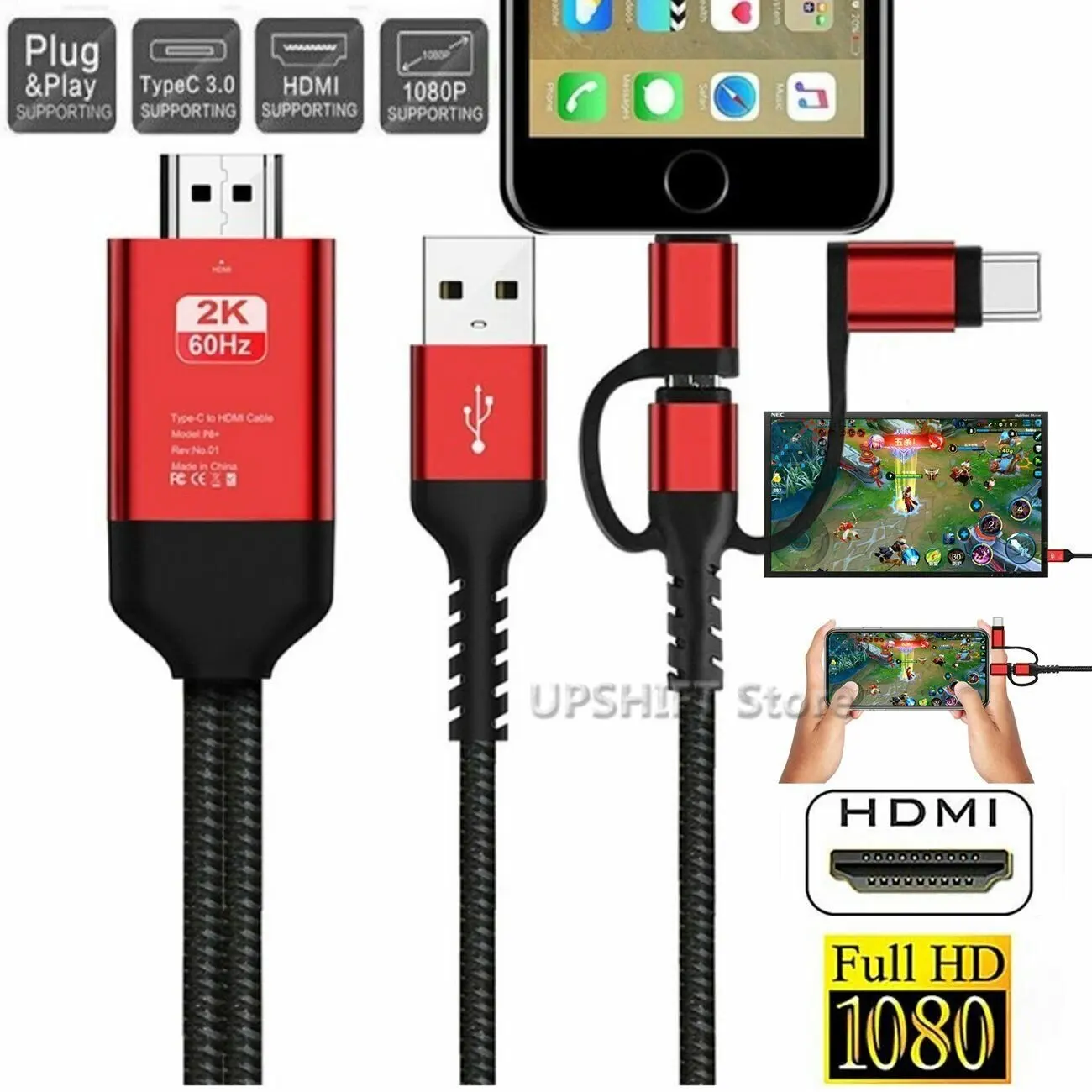 3 in 1 HDMI Cable Adapter Type C/Micro/iPhone MHL to HDMI Mirroring Phone to TV/Projector/Monitor HDTV 1080P for iPhone/Android