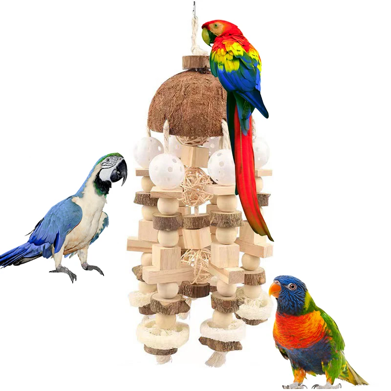 

Coconut Shell Parrot Chewing Toy Hanging Natural Wooden Parrot Cage Bite Toy Bird Supplies Parrot Toys Cage Accessories