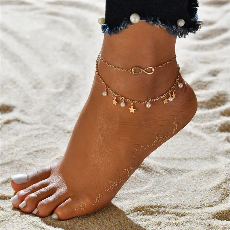 

Boho Gold Color Star Infinity Anklets Fashion Multilayer Foot Chain New Simulated Pearl Anklet Bracelet for Women Beach Jewelry