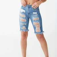 2022 summer trend high elastic ripped denim middle pants ladies jeans womens clothing