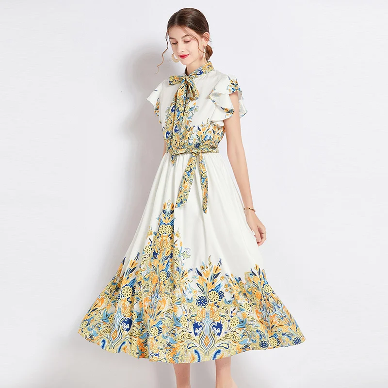 

Women Long Dress Shirt Flower Print 2023 Summer Short Sleeve A Line Pleated Elastic Waist Midi Long Vestidos Prom Evening Robe