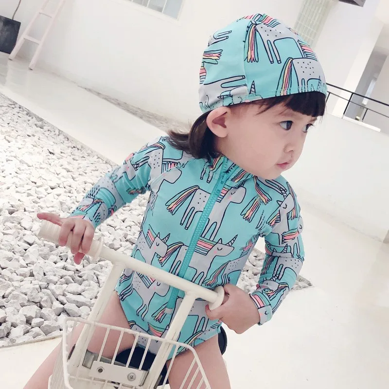 Cute Baby Girls Swimwear Swimsuit One Piece Body Suit Long Sleeve Beach New Summer Unicorn eyes Watermelon Beach Korea Style images - 6