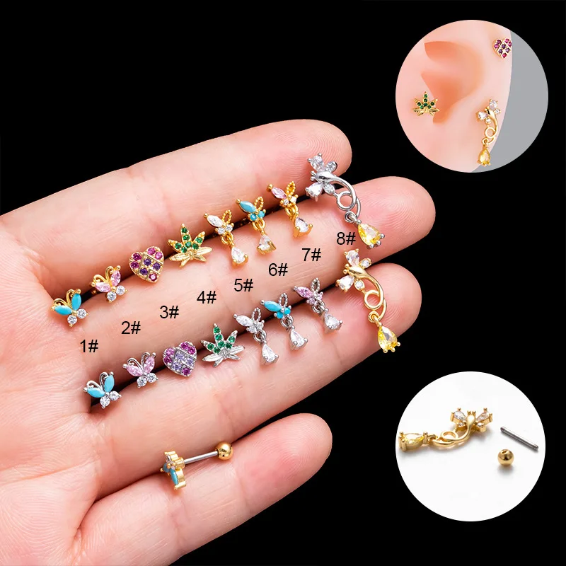 

1PC 20G Stainless Steel Screw Dangle Stud Earrings Multicolor Zircon Butterfly Heart Small Ear Bone Studs Women Piercing Jewelry