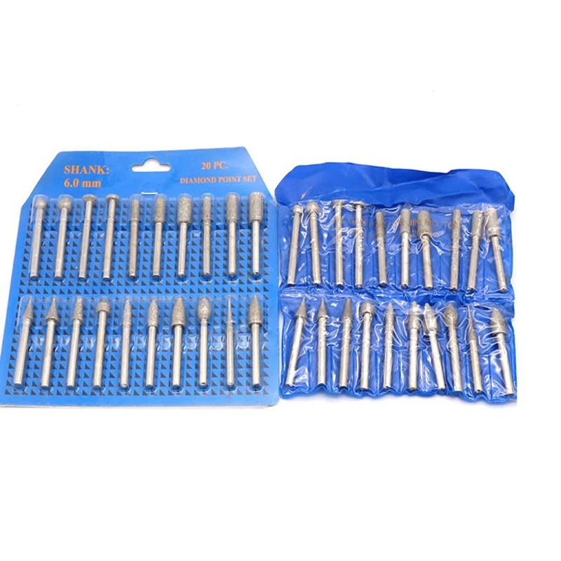 

20 PCS 6Mm Shank Diamond Grinding Head Set Coated Carving Burrs Rotary Tool Bit For Heads Sanding Needles Rod