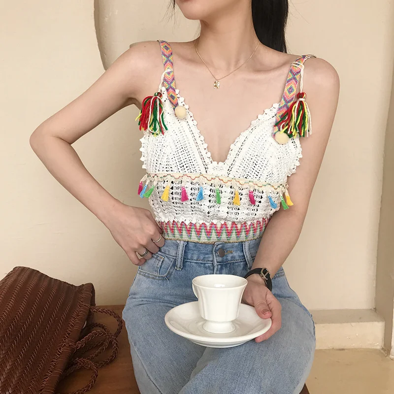 

Hollow crochet flowers crop tops sexy V neck knitted camis for women off shoulder omighty slim fit camis 2022 fashion