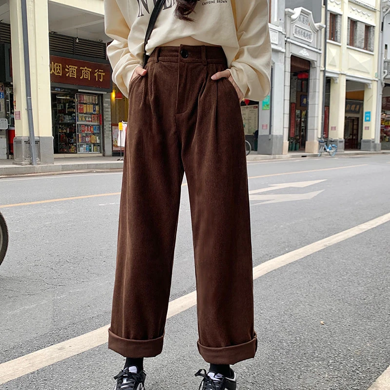 

Autumn Women Clothes Casual Trousers Vintage High Waist Corduroy Straight Pants Fashion Pockets All-Match Pants Pantalones 29387