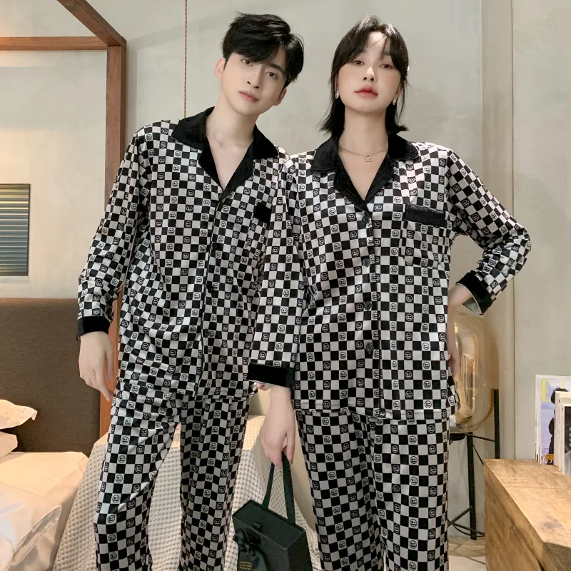 Winter Autumn Sleepwear Men Pajamas Sets with Pants Solid Satin Turn-Down Collar 2 Pieces