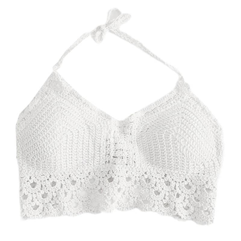 

Женский пляжный бюстгальтер-бикини с ажурным подолом, вязаный укороченный топ, бюстье на бретелях