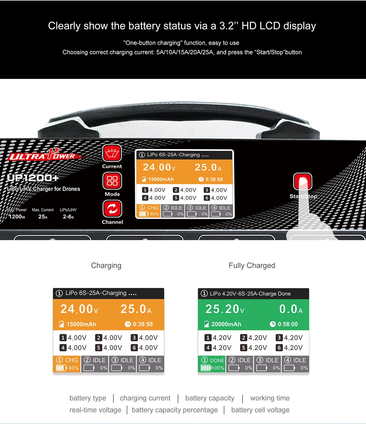 Ultra Power UP1200 + 25A БПЛАзарядное устройство для сельскохозяйственного дрона с экраном дисплея для 8-канальной 2-6S LiPo LiHV батареи (art.: 3920cd2bfb49c) - 3920cd2bfb49c