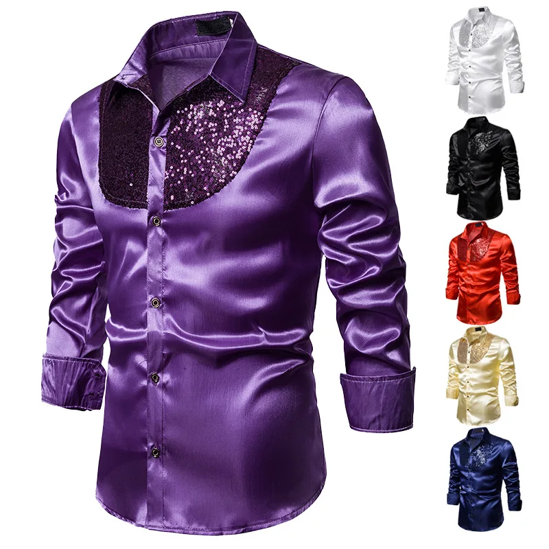 

Mens Glitter Sequin Satin Shirts Party Weding Slim Fit Tuxedo Shirts Stage Prom Luxury Smooth Disco Dance Shirts for Men Homme