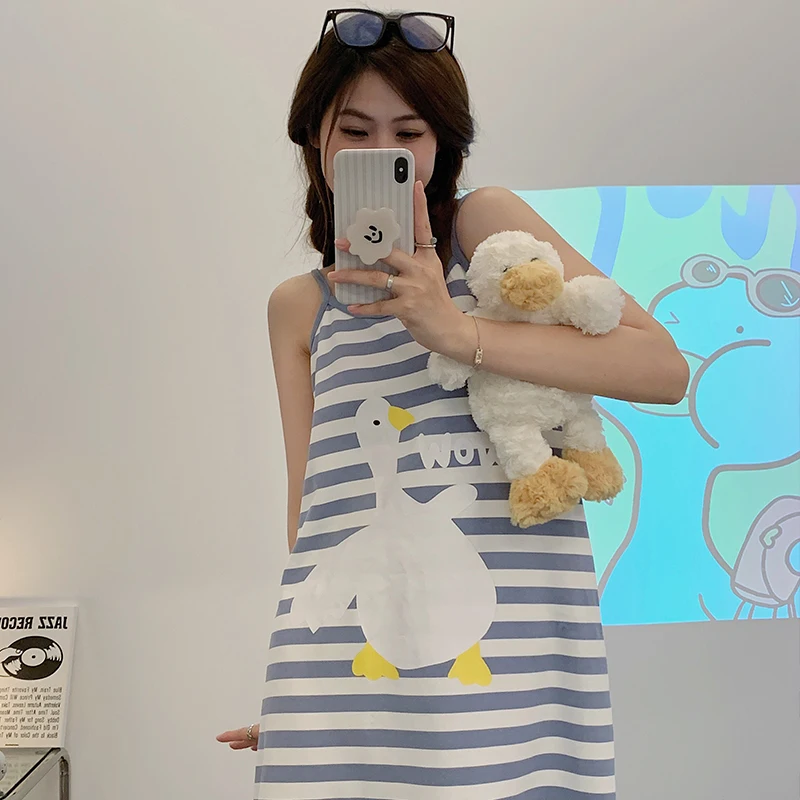 CAIYIER Korean Women Nightdress Summer Sling Sleeveless Sleepdress Cute Cartoon Stripe Print Female Nightgowns Casual Home Dress