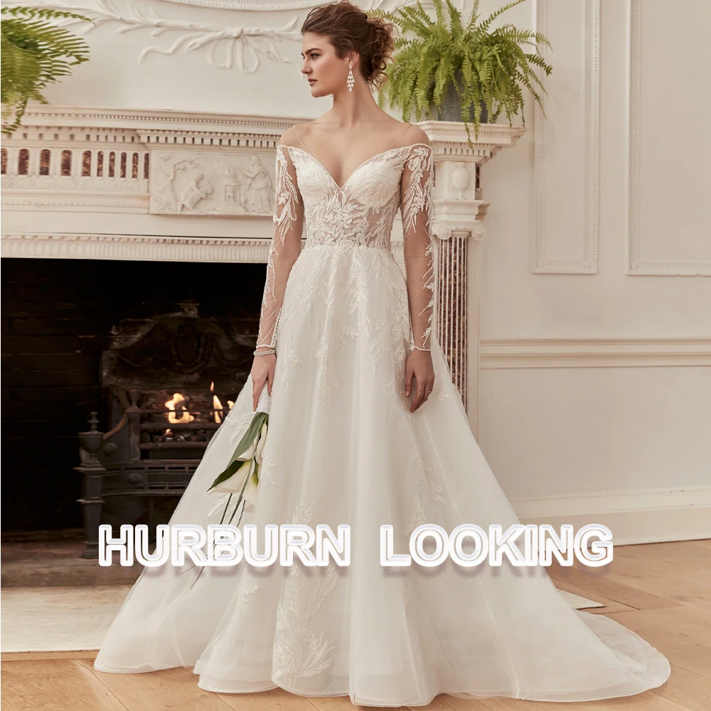 

HERBURN Vintage A-Line Wedding Dress Bridal Off Shoulder Appliques Leaves Buttons Sweetheart Customize New Arrival Occasion