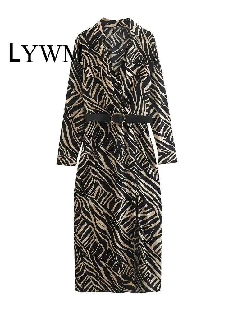 

LYWM Women Fashion With Belt Printed Front Slit Side Zipper Midi Dress Vintage V-Neck Long Sleeves Female Chic Lady Dresses