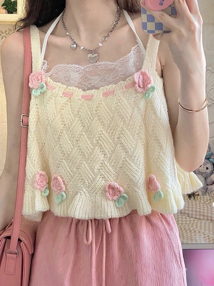 

Japanese Kawaii Chic Tank Top Women Sweet Flower Embroidery Cute Knitted Tanks Lady Preppy Style Casual Sweater Vest Summer 2022