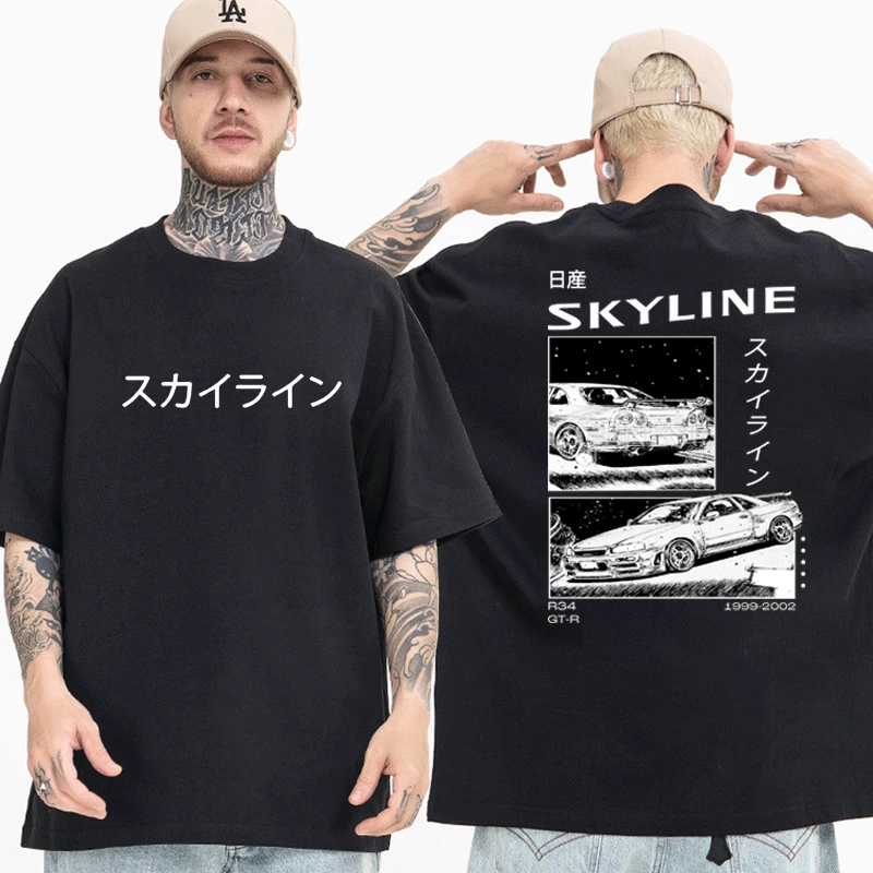 

Drift Japanese Anime AE86 Initial D Double Sided T-shirt Short Sleeves Summer 100% Cotton Casual T Shirt R34 Skyline GTR JDM Tee