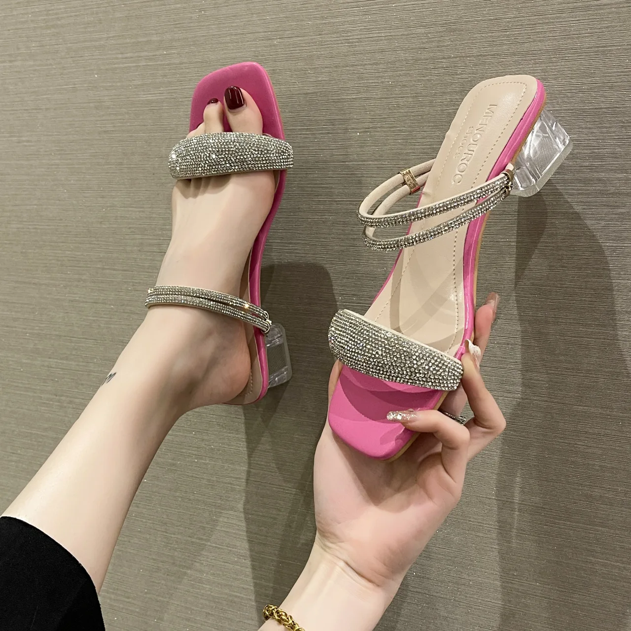 

Crystal heel sandals women's summer new square toe high heel rhinestone two wear all-match high-heeled sandals slippers