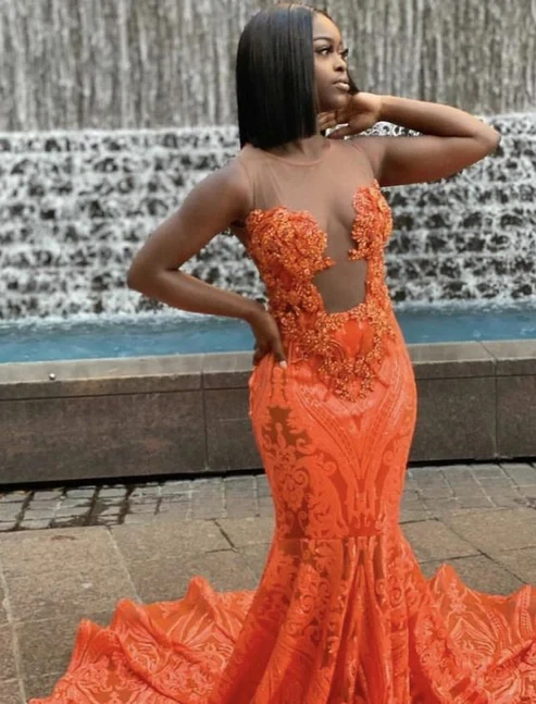 

Orange African American Prom Dresses Mermaid Sheer Appliques Lace Black Girls Nigeria Robe De Soiree Evening Dresses Gown