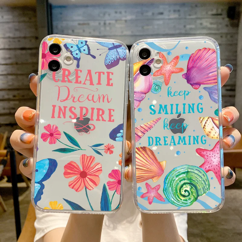 

Case For Apple iPhone 14 13 12 11 Pro Max Mini XS Max XR X 7 8 Plus Flowers, bird Butterfly and shell dolphin Transparent Animal