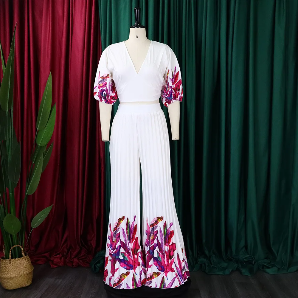 Plus Size Matching Sets Leaf Print V Neck Tops And Wide Leg Pants Female Luxury Fashion Cloth 2023 Summer Women Two Piece Sets