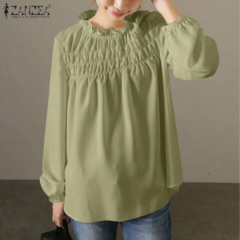 

Women Solid Blouse ZANZEA 2022 Fashion Spring Tops Casual Loose Long Sleeve Blusas Female Work Office OL Tunic Oversized Chemise